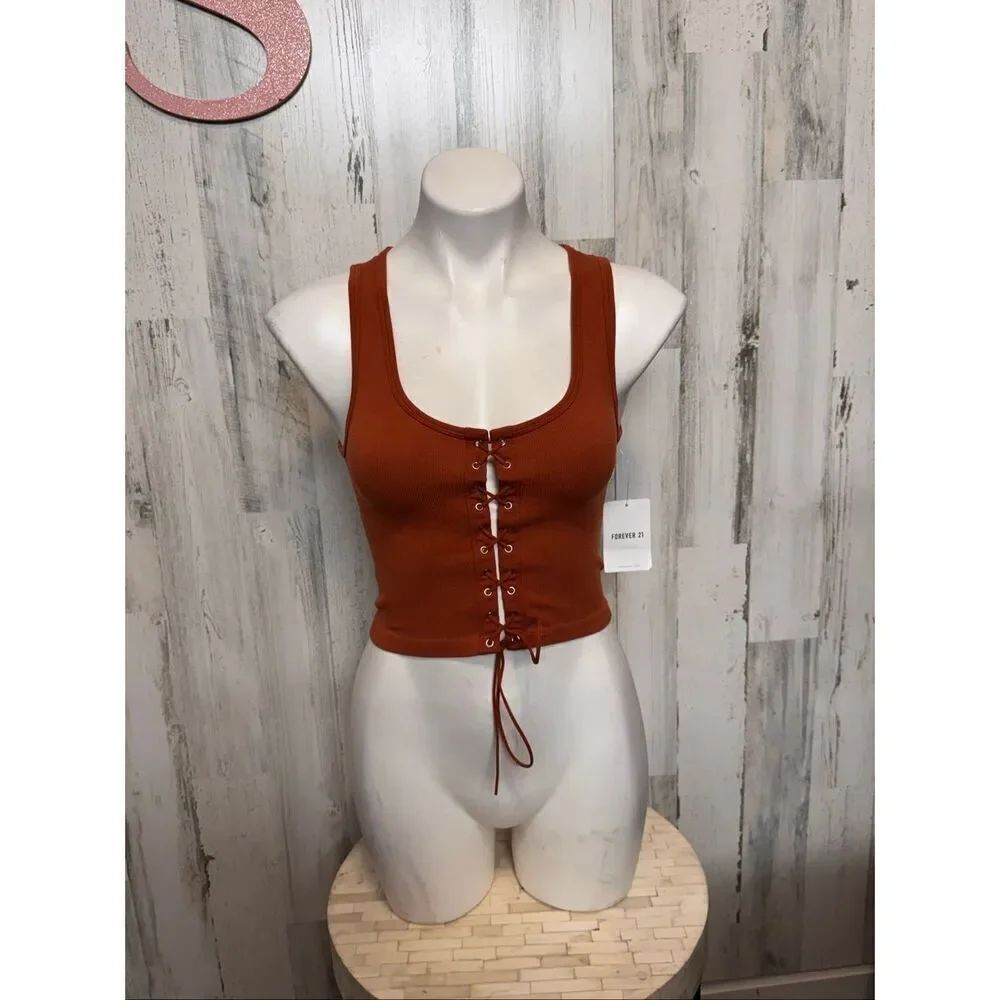 Forever 21 Rust Orange Lace-Up Front Tank Top Women’s Size S/M - Picture 3 of 8
